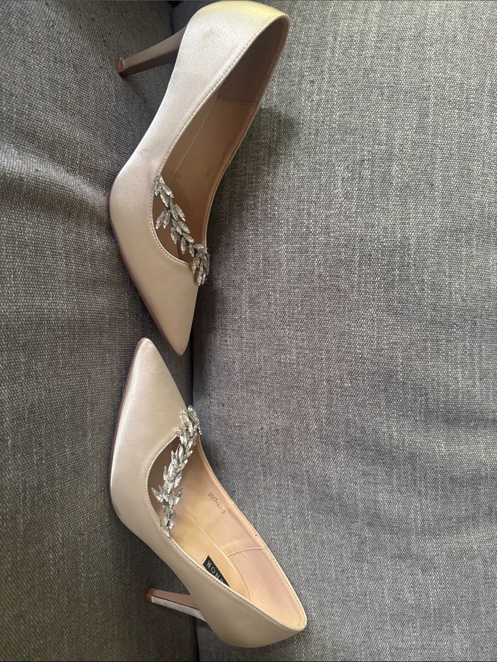 Manolo Blahnik Lookalike Pointed Satin Cream Flats with Crystal Leaf Accent